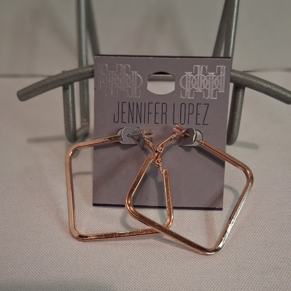 Jennifer Lopez Rose Gold Tone Square Hoop Earrings Geometric Lever Back New